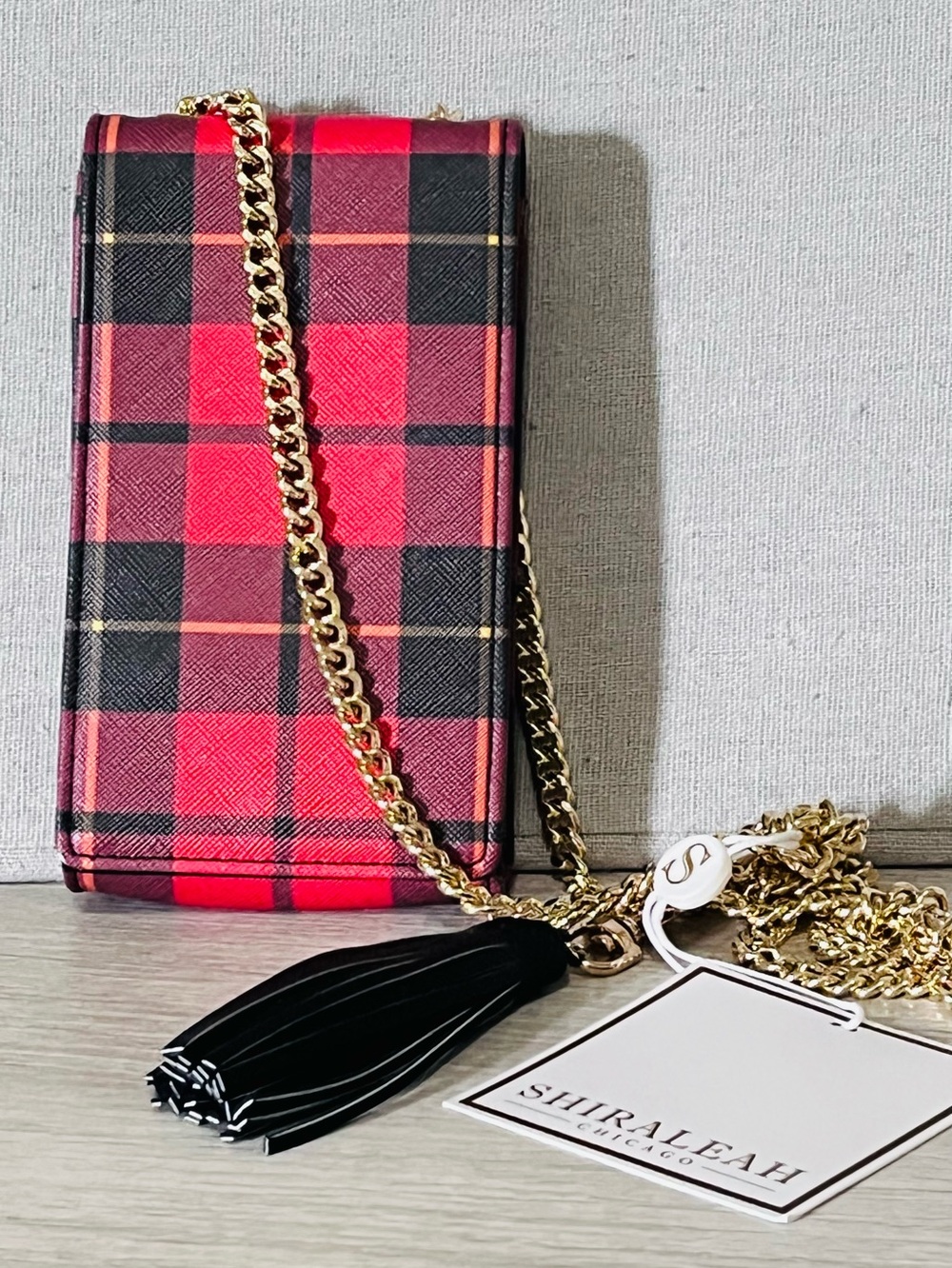 Shiraleah Red and Black Plaid Crossbody Phone Bag with Gold Chain